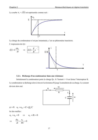 Chapitre 2                                                                                    Réseaux électriques en régime transitoire 
 
17
La courbe  tfuc  est représentée comme suit :
La charge du condensateur n’est pas instantanée, c’est un phénomène transitoire.
L’expression de i(t) :
  
dt
du
Cti C
  
t
e
R
E
ti


3.2.1. Décharge d’un condensateur dans une résistance
Initialement le condensateur porte la charge Q0. A l’instant t = 0 on ferme l’interrupteur K.
Le condensateur se décharge alors à travers la résistance R jusqu’à annulation de sa charge. Le courant
devient alors nul.
à CQEuut CC 00:0 
loi des mailles :
00  iRuuu CRC
0
RC
u
dt
du CC
uR
K
R i
uC
C
 