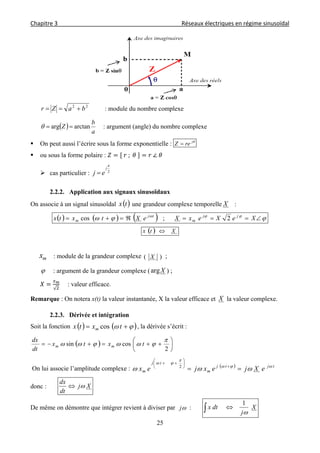 Chapitre 3                                                                                     Réseaux électriques en régime sinusoïdal 
 
25
22
baZr  : module du nombre complexe
 
a
b
Z arctanarg  : argument (angle) du nombre complexe
 On peut aussi l’écrire sous la forme exponentielle : j
reZ 
 ou sous la forme polaire : 	 	; 	 	 	∠	 	
 cas particulier : 2

j
ej 
2.2.2. Application aux signaux sinusoïdaux
On associe à un signal sinusoïdal  tx une grandeur complexe temporelle X :
       
 XeXexXeXtxtx jj
m
tj
m 2;cos
  Xtx 
mx : module de la grandeur complexe )( X ;
 : argument de la grandeur complexe ( Xarg ) ;
√
: valeur efficace.
Remarque : On notera x(t) la valeur instantanée, X la valeur efficace et X la valeur complexe.
2.2.3. Dérivée et intégration
Soit la fonction      txtx m cos , la dérivée s’écrit :
  






2
cossin

 txtx
dt
dx
mm
On lui associe l’amplitude complexe :   tjtj
m
tj
m eXjexjex 


  







2
donc : Xj
dt
dx

De même on démontre que intégrer revient à diviser par : X
j
dtx

1
j
 