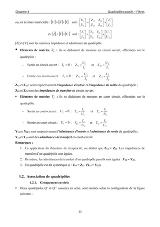 Chapitre 4                                                                                                            Quadripôles passifs – Filtres 
 
33
ou, en écriture matricielle :      IZU  soit : 

















2
1
2221
1211
2
1
I
I
ZZ
ZZ
U
U
et      UYI  soit : 

















2
1
2221
1211
2
1
U
U
YY
YY
I
I
[Z] et [Y] sont les matrices impédance et admittance du quadripôle
 Eléments de matrice ijZ : ils se déduisent de mesures en circuit ouvert, effectuées sur le
quadripôle :
- Sortie en circuit ouvert : 02 I :
1
1
11
I
U
Z  et
1
2
21
I
U
Z 
- Entrée en circuit ouvert : 01 I :
2
2
22
I
U
Z  et
2
1
12
I
U
Z 
Z11 et Z22 : sont respectivement l’impédance d’entrée et l’impédance de sortie du quadripôle ;
Z12 et Z21 sont des impédances de transfert en circuit ouvert.
 Eléments de matrice ijY : ils se déduisent de mesures en court circuit, effectuées sur le
quadripôle.
- Sortie en court-circuit : 02 U :
1
1
11
U
I
Y  et
1
2
21
U
I
Y 
- Entrée en court-circuit : 01 U :
2
2
22
U
I
Y  et
2
1
12
U
I
Y 
Y11 et Y22 : sont respectivement l’admittance d’entrée et l admittance de sortie du quadripôle ;
Y12 et Y21 sont des admittances de transfert en court-circuit.
Remarques :
1. En application du théorème de réciprocité, on déduit que Z12 = Z21. Les impédances de
transfert d’un quadripôle sont égales.
2. De même, les admittances de transfert d’un quadripôle passifs sont égales : Y12 = Y21.
3. Un quadripôle est dit symétrique si : Z11 = Z22 (Y11 = Y22).
1.2. Association de quadripôles
1.2.1. Groupement en série
 Deux quadripôles Q’ et Q’’ associés en série, sont montés selon la configuration de la figure
suivante :
 