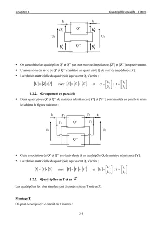 Chapitre 4                                                                                                            Quadripôles passifs – Filtres 
 
34
 On caractérise les quadripôles Q’ et Q’’ par leur matrices impédances [Z’] et [Z’’] respectivement.
 L’association en série de Q’ et Q’’ constitue un quadripôle Q de matrice impédance [Z].
 La relation matricielle du quadripôle équivalent Q, s’écrira :
           '''
ZZZavecIZU  et 






2
1
U
U
U ; 






2
1
I
I
I
1.2.2. Groupement en parallèle
 Deux quadripôles Q’ et Q’’ de matrices admittances [Y’] et [Y’’], sont montés en parallèle selon
le schéma la figure suivante :
 Cette association de Q’ et Q’’ est équivalente à un quadripôle Q, de matrice admittance [Y].
 La relation matricielle du quadripôle équivalent Q, s’écrira :
              






2
1'''
U
U
UetYYYavecUYI ; 






2
1
I
I
I
1.2.3. Quadripôles en T et en 
Les quadripôles les plus simples sont disposés soit en T soit en π.
Montage T
On peut décomposer le circuit en 2 mailles :
I2I1
Q’
U2U1
Q’’
Q’
I’2I’1
U2U1
Q’’
I2I1
I’’
2I’’
1
 