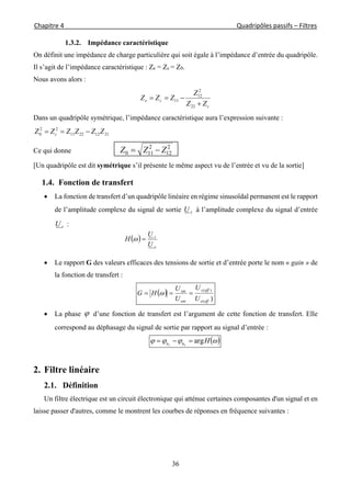Chapitre 4                                                                                                            Quadripôles passifs – Filtres 
 
36
1.3.2. Impédance caractéristique
On définit une impédance de charge particulière qui soit égale à l’impédance d’entrée du quadripôle.
Il s’agit de l’impédance caractéristique : Ze = Zc = Z0.
Nous avons alors :
c
ce
ZZ
Z
ZZZ


22
2
12
11
Dans un quadripôle symétrique, l’impédance caractéristique aura l’expression suivante :
21122211
22
0 ZZZZZZ c 
Ce qui donne
2
12
2
110 ZZZ 
[Un quadripôle est dit symétrique s’il présente le même aspect vu de l’entrée et vu de la sortie]
1.4. Fonction de transfert
 La fonction de transfert d’un quadripôle linéaire en régime sinusoïdal permanent est le rapport
de l’amplitude complexe du signal de sortie sU à l’amplitude complexe du signal d’entrée
eU :
 Le rapport G des valeurs efficaces des tensions de sortie et d’entrée porte le nom « gain » de
la fonction de transfert :
 
)(
)(
effe
effs
em
sm
U
U
U
U
HG  
 La phase  d’une fonction de transfert est l’argument de cette fonction de transfert. Elle
correspond au déphasage du signal de sortie par rapport au signal d’entrée :
  Hes uu arg
2. Filtre linéaire
2.1. Définition
Un filtre électrique est un circuit électronique qui atténue certaines composantes d'un signal et en
laisse passer d'autres, comme le montrent les courbes de réponses en fréquence suivantes :
 
e
s
U
U
H 
 