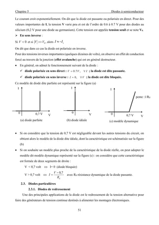 Chapitre 5 Diodes à semiconducteur
51
Le courant croit exponentiellement. On dit que la diode est passante ou polarisée en direct. Pour des
valeurs importantes de I, la tension V varie peu et est de l’ordre de 0.6 à 0.7 V pour des diodes au
silicium (0,2 V pour une diode au germanium). Cette tension est appelée tension seuil et se note VS.
 En sens inverse :
Si 0V et si 0VV  , alors sII 
On dit que dans ce cas la diode est polarisée en inverse.
Pour des tensions inverses importantes (quelques dizaines de volts), on observe un effet de conduction
forcé au travers de la jonction (effet avalanche) qui est en général destructeur.
 En général, on admet le fonctionnement suivant de la diode :
 diode polarisée en sens direct : IVV  ,7.0 ; la diode est dite passante.
 diode polarisée en sens inverse : VI  ,0 ; la diode est dite bloquée.
Ce modèle de diode dite parfaite est représenté sur la figure (a)
 Si on considère que la tension de 0,7 V est négligeable devant les autres tensions du circuit, on
obtient alors le modèle de la diode dite idéale, dont la caractéristique est schématisée sur la figure
(b)
 Si on souhaite un modèle plus proche de la caractéristique de la diode réelle, on peut adopter le
modèle dit modèle dynamique représenté sur la figure (c) : on considère que cette caractéristique
est formée de deux segments de droite :
V < 0,7 volt  I= 0 (diode bloquée)
V > 0,7 volt 
dR
V
I
7,0
 avec Rd résistance dynamique de la diode passante.
2.3. Diodes particulières
2.3.1. Diodes de redressement
Une des principales applications de la diode est le redressement de la tension alternative pour
faire des générateurs de tension continue destinés à alimenter les montages électroniques.
V0,7 V
I
0
(a) diode parfaite
V
I
0
(b) diode idéale
V0,7 V
I
0
(c) modèle dynamique
pente :1/Rd
 
