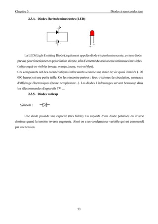 Chapitre 5 Diodes à semiconducteur
53
2.3.4. Diodes électroluminescentes (LED)
La LED (Light Emitting Diode), également appelée diode électroluminescente, est une diode
prévue pour fonctionner en polarisation directe, afin d’émettre des radiations lumineuses invisibles
(infrarouge) ou visibles (rouge, orange, jaune, vert ou bleu).
Ces composants ont des caractéristiques intéressantes comme une durée de vie quasi illimitée (100
000 heures) et une petite taille. On les rencontre partout : feux tricolores de circulation, panneaux
d'affichage électroniques (heure, température...). Les diodes à infrarouges servent beaucoup dans
les télécommandes d'appareils TV …
2.3.5. Diodes varicap
Symbole :
Une diode possède une capacité (très faible). La capacité d'une diode polarisée en inverse
diminue quand la tension inverse augmente. Ainsi on a un condensateur variable qui est commandé
par une tension.
 