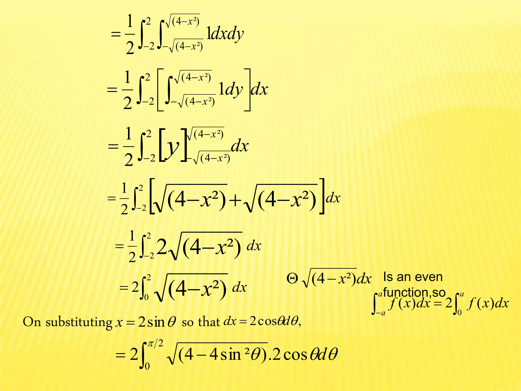 dxdy
x
x 

 



2
2
²)4(
²)4(
1
2
1
  dxy
x
x



2
2
²)4(
²)4(2
1
 dxxx 

2
2 ²)4(²)4(2
1
dxx 

2
2 ²)4(22
1
dxx 
2
0 ²)4(2
dxx²)4(  Is an even
function,so
 

a
a
a
dxxfdxxf
0
)(2)(
On substituting so thatsin2x ,cos2 ddx 


dcos2.)²sin44(2
2
0 
dxdy
x
x 



2
2
²)4(
²)4(
1
2
1
 