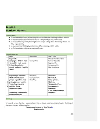 22
Lesson 3
Nutrition Matters
Learning Aims:
★ to raise awareness about people’s responsibilities towards maintaining a healthy lifestyle.
★ to raise awareness about the importance of eating healthy during adolescence
★ to develop listening skills by listening to some people talking about their eating choices and a
filling in gap-activity
★ to develop critical thinking by reflecting on different eating and life habits
★ to elicit vocabulary and structures already known
Learning focus on:
LEXIS FUNCTIONS STRUCTURE
R
E
V
Key words:
campaigns - children- fresh
- smoothie - fruit - obese -
fruits and vegetables -
organic products - - healthy
- tasty
Giving advice
Should-shouldn’t + base
form of the verbs
I agree with..
I disagree with…
First Conditional
N
E
W
Key concepts and terms:
The five healthy food
groups: vegetables, fruit,
grains, dairy and protein.
Vocabulary related to
nutrition during
adolescence stage.
Vocabulary: Growth spurt,
hormonal changes,
Describing
Giving opinions
Classifying
Structures:
I think that..
In my opinion…
I believe…
We agree that/on…
During puberty
boys/girls..
If you are a female your
body will...
Warm up
In lesson 2, we saw that there are some habits that we should avoid to maintain a healthy lifestyle and
that some changes will benefit a lot.
Can you mention some of them? Orally
Brainstorming
 