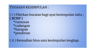 TUGASAN KESIMPULAN :
( i ) Fikirkan huraian bagi ayat kesimpulan iaitu ;
[ RCHP ]
*rumusan
*cadangan
*harapan
*pendirian
( ii ) Kemudian bina satu kesimpulan lengkap .
 