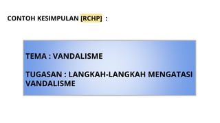 CONTOH KESIMPULAN [RCHP] :
TEMA : VANDALISME
TUGASAN : LANGKAH-LANGKAH MENGATASI
VANDALISME
 