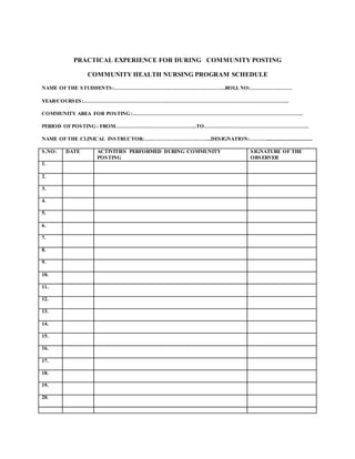 PRACTICAL EXPERIENCE FOR DURING COMMUNITY POSTING
COMMUNITY HEALTH NURSING PROGRAM SCHEDULE
NAME OFTHE STUDDENTS:……………………………………………………….ROLL NO:……………………
YEAR/COURSES:……………………………………………………………………………………………………….
COMMUNITY AREA FOR POSTING:……………………………………………………………………………………..
PERIOD OFPOSTING: FROM………………………………………..TO……………………………………………………
NAME OFTHE CLINICAL INSTRUCTOR:………………………………...DESIGNATION:………....................................
S.NO: DATE ACTIVITIES PERFORMED DURING COMMUNITY
POSTING
SIGNATURE OF THE
OBSERVER
1.
2.
3.
4.
5.
6.
7.
8.
9.
10.
11.
12.
13.
14.
15.
16.
17.
18.
19.
20.
 