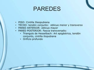 PAREDES
• PISO: Cintilla Ilieopubiana
• TECHO: tendón conjunto: oblicuo menor y transverso
• PARED ANTERIOR: oblicuo mayor
• PARED POSTERIOR: Fascia transversalis:
• Triangulo de Hesselbach: Art epigástrica, tendón
conjunto, cintilla iliopubiana
• Orificio profundo
 