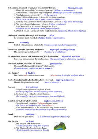 bekommen, bekommt, bekam, hat bekommen (=kriegen) ðáßñíù, äÝ÷ïìáé
1. Haben Sie meinen Brief bekommen / gekriegt? (ËÜâáôå ôï ãñÜììá ìïõ ;)
2. Ich bekomme / kriege jeden Tag eine Spritze. (ÊÜèå ìÝñá ìïõ êÜíïõí ìßá Ýíåóç.)
3. Was bekommen / kriegen Sie? (Ôé èá ðÜñåôå ;)
4. Diese Tabletten bekommen / kriegen Sie nur in der Apotheke.
(ÁõôÜ ôá ÷Üðéá èá ôá ðÜñåôå (âñåßôå) ìüíï óôï öáñìáêåßï.)
5. Ich habe eine Aufenthaltserlaubnis bekommen / gekriegt. (ÐÞñá Üäåéá ðáñáìïíÞò.)
6. Wir haben Besuch bekommen / gekriegt. (Çñèáí åðéóêÝøåéò.)
7. Laut Wetterbericht bekommen / kriegen wir Regen.
(Óýìöùíá ìå ôçí ðñüãíùóç êáéñïý èá Ý÷ïõìå âñï÷Þ.)
8. Plötzlich bekam / kriegte ich starke Kopfschmerzen. (ÎáöíéêÜ ì’Ýðéáóå ðïíïêÝöáëïò.)
beleidigen, beleidigt, beleidigte, hat beleidigt èßãù
Er ist immer gleich beleidigt. (ÁìÝóùò èßãåôáé - ðáñåîçãéÝôáé.)
beliebt áãáðçôüò
Fußball ist international sehr beliebt. (Ôï ðïäüóöáéñï åßíáé äéåèíþò áãáðçôü.)
bemerken, bemerkt, bemerkte, hat bemerkt ðáñáôçñþ, áíôéëáìâÜíïìáé
Das habe ich gar nicht bemerkt. (Αυτό δεν το αντιλήφθηκα.)
sich bemühen, bemüht sich, bemühte sich, hat sich bemüht ðñïóðáèþ, êïðéÜæù
Ich werde mich um einen Termin bemühen. (Èá ðñïóðáèÞóù íá êëåßóù Ýíá ñáíôåâïý.)
benutzen, benutzt, benutzte, hat benutzt ÷ñçóéìïðïéþ
Benutzen Sie bitte die öffentlichen Verkehrsmittel.
(Χρησιμοποιήστε τα ìÝóá ìáæéêÞò ìåôáöïñÜò)
das Benzin / ç âåíæßíç
Das Benzin soll wieder teurer werden. (Λέγεται ότι η βενζίνη θα ακριβύνει πάλι.)
beobachten, beobachtet, beobachtete, hat beobachtet ðáñáôçñþ, ðñïóÝ÷ù
Hast du das genau beobachtet? (Áõôü ôï ðñüóåîåò ;)
bequem Üíåôï, βολικό
1. Junge Leute mögen meist bequeme Schuhe.
(Σε νέους ανθρώπους αρέσουν συνήθως άνετα παπούτσια.)
2. Im Supermarkt einkaufen ist sehr bequem.
(Το να ψωνίζει κανείς στο σουπερμάρκετ είναι πολύ βολικό.)
beraten, berät, beriet, hat beraten óõìâïõëåýù, óõæçôþ
1. Sie sollten sich von einem Fachmann beraten lassen.
(Èá Ýðñåðå íá óõìâïõëåõôåßôå Ýíáí åéäéêü.)
2. Über diesen Punkt soll in der nächsten Sitzung beraten werden.
(Ãéá áõôü ôï óçìåßï èá óõæçôÞóïõìå óôçí åðüìåíç óýóêåøç.)
bereit ðñüèõìïò
Dazu bin ich gern bereit. (Ãéá áõôü åßìáé åõ÷áñßóôùò ðñüèõìïò.)
der Berg / e ôï âïõíü
1. Der Berg ist 2000 Meter hoch.
(Ôï âïõíü Ý÷åé Ýíá ýøïò 2000 ìÝôñùí.)
2. Wir fahren jeden Sonntag in die Berge.
(ÊÜèå ÊõñéáêÞ ðçãáßíïõìå óôá âïõíÜ.)
 