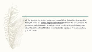 – All the points in the scatter plot are on a straight line that points downward to
the right. There is a perfect negative correlation between the two variables. As
the time traveled increases, the distance that needs to be traveled decreases.
Also, the relationship of the two variables can be expresses in linear equation,
𝑦 = 280 − 40𝑥.
 