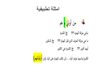 ‫تطبيقية‬ ‫امثلة‬
‫لي‬‫و‬‫أ‬ ‫من‬
‫ا‬
‫ء‬
‫ه‬
‫ماهي‬
‫ة‬‫حر‬
‫ة‬‫ز‬‫الهم‬
/
‫ة‬‫ر‬ ‫ال‬
‫ما‬
‫هي‬
‫ة‬‫حر‬
‫الحرف‬
‫الذ‬
‫ة‬‫ز‬‫الهم‬
/
‫ون‬ ‫ال‬
‫هما‬‫أ‬
‫و‬ ‫أ‬
/
‫ة‬‫ر‬ ‫ال‬
‫هي‬
‫و‬ ‫ا‬
‫ة‬‫ر‬ ‫ال‬
‫ها‬ ‫نا‬
‫حرف‬
‫اء‬‫ال‬
..
‫إذن‬
‫ت‬ ‫ت‬
‫ة‬‫ز‬‫الهم‬
‫على‬
‫(من‬ ‫اء‬‫ال‬
) ‫ه‬‫ا‬‫ل‬‫و‬‫أ‬
 