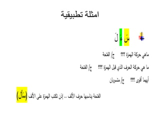 ‫تطبيقية‬ ‫امثلة‬
‫ء‬
‫ماهي‬
‫ة‬‫حر‬
‫ة‬‫ز‬‫الهم‬
/
‫الفتحة‬
‫ما‬
‫هي‬
‫ة‬‫حر‬
‫الحرف‬
‫الذ‬
‫ة‬‫ز‬‫الهم‬
/
‫الفتحة‬
‫هما‬‫أ‬
‫و‬ ‫أ‬
/
‫ان‬‫و‬ ‫مت‬
‫الفتحة‬
‫ها‬ ‫نا‬
‫حرف‬
‫لف‬ ‫ا‬
..
‫إذن‬
‫ت‬ ‫ت‬
‫ة‬‫ز‬‫الهم‬
‫على‬
‫لف‬ ‫ا‬
) ‫أ‬ (
 