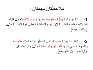 ‫مهمتان‬ ‫مالحظتان‬
:
1
-
‫ت‬ ‫جا‬ ‫اذا‬
‫مفتوحة‬ ‫الهمزة‬
‫وقبلها‬
‫ساكنة‬ ‫يا‬
‫ال‬ ‫فتعامل‬
‫يا‬
‫الكس‬ ‫قوة‬ ‫تعطى‬ ‫الساكنة‬ ‫اليا‬ ‫الن‬ ‫الكسرة‬ ‫معاملة‬ ‫الساكنة‬
‫مثل‬ ‫رة‬
:
(
‫هيئة‬ ‫و‬ ‫بيئة‬
.)
2
-
‫ت‬ ‫جا‬ ‫اذا‬ ‫السطر‬ ‫على‬ ‫منفردة‬ ‫الهمزة‬ ‫تكتب‬
‫مفتوحة‬
‫قبلها‬ ‫الذي‬ ‫والحرف‬
‫ساكنة‬ ‫واو‬ ‫و‬ ‫الف‬
‫مثل‬
( :
‫إن‬ ،‫ة‬ ‫قرا‬
‫إن‬ ، ‫هم‬ ‫وليا‬
‫هم‬ ْ‫ضو‬
)
 