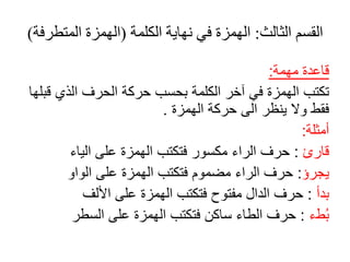 ‫الثالث‬ ‫القسم‬
:
‫الكلمة‬ ‫نهاية‬ ‫في‬ ‫الهمزة‬
(
‫المتط‬ ‫الهمزة‬
‫رفة‬
)
‫مهمة‬ ‫قاعدة‬
:
‫ق‬ ‫الذي‬ ‫الحرف‬ ‫حركة‬ ‫بحسب‬ ‫الكلمة‬ ‫آخر‬ ‫في‬ ‫الهمزة‬ ‫تكتب‬
‫بلها‬
‫الهمزة‬ ‫حركة‬ ‫الى‬ ‫ينظر‬ ‫وال‬ ‫فقط‬
.
‫مثلة‬
:
‫قار‬
:
‫اليا‬ ‫على‬ ‫الهمزة‬ ‫فتكتب‬ ‫مكسور‬ ‫الرا‬ ‫حرف‬
‫يجر‬
:
‫الواو‬ ‫على‬ ‫الهمزة‬ ‫فتكتب‬ ‫مضموم‬ ‫الرا‬ ‫حرف‬
‫بد‬
:
‫األلف‬ ‫على‬ ‫الهمزة‬ ‫فتكتب‬ ‫مفتوح‬ ‫الدال‬ ‫حرف‬
‫ط‬ُ‫ب‬
:
‫السطر‬ ‫على‬ ‫الهمزة‬ ‫فتكتب‬ ‫ساكن‬ ‫الطا‬ ‫حرف‬
 
