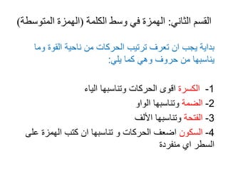 ‫الثاني‬ ‫القسم‬
:
‫الكلمة‬ ‫وسط‬ ‫في‬ ‫الهمزة‬
(
‫المتوس‬ ‫الهمزة‬
‫طة‬
)
‫وم‬ ‫القوة‬ ‫ناحية‬ ‫من‬ ‫الحركات‬ ‫ترتيب‬ ‫تعرف‬ ‫ان‬ ‫يجب‬ ‫بداية‬
‫ا‬
‫يلي‬ ‫كما‬ ‫وهي‬ ‫حروف‬ ‫من‬ ‫يناسبها‬
:
1
-
‫الكسرة‬
‫اليا‬ ‫وتناسبها‬ ‫الحركات‬ ‫اقوى‬
2
-
‫الضمة‬
‫الواو‬ ‫وتناسبها‬
3
-
‫الفتحة‬
‫األلف‬ ‫وتناسبها‬
4
-
‫السكون‬
‫على‬ ‫الهمزة‬ ‫كتب‬ ‫ان‬ ‫تناسبها‬ ‫و‬ ‫الحركات‬ ‫اضعف‬
‫منفردة‬ ‫اي‬ ‫السطر‬
 