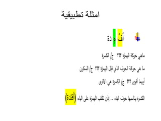 ‫تطبيقية‬ ‫امثلة‬
‫أ‬
‫ف‬
‫ء‬
‫دة‬
‫ماهي‬
‫ة‬‫حر‬
‫ة‬‫ز‬‫الهم‬
/
‫ة‬‫ر‬ ‫ال‬
‫ما‬
‫هي‬
‫ة‬‫حر‬
‫الحرف‬
‫الذ‬
‫ة‬‫ز‬‫الهم‬
/
‫ون‬ ‫ال‬
‫هما‬‫أ‬
‫و‬‫أ‬
/
‫ة‬‫ر‬ ‫ال‬
‫هي‬
‫و‬ ‫ا‬
‫ة‬‫ر‬ ‫ال‬
‫ها‬ ‫نا‬
‫حرف‬
‫اء‬‫ال‬
..
‫إذن‬
‫ت‬ ‫ت‬
‫ة‬‫ز‬‫الهم‬
‫على‬
‫اء‬‫ال‬
)‫دة‬ ‫(أ‬
 