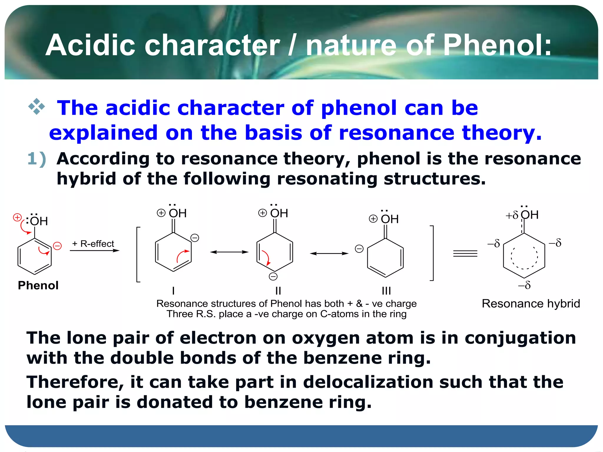 Acidic character / nature of Phenol:
 The acidic character of phenol can be
explained on the basis of resonance theory.
1) According to resonance theory, phenol is the resonance
hybrid of the following resonating structures.
The lone pair of electron on oxygen atom is in conjugation
with the double bonds of the benzene ring.
Therefore, it can take part in delocalization such that the
lone pair is donated to benzene ring.
OH
I II III
Phenol
Resonance structures of Phenol has both + & - ve charge
Three R.S. place a -ve charge on C-atoms in the ring



:
:
OH
:
OH
:
OH
:
OH
:

Resonance hybrid
+ R-effect
 