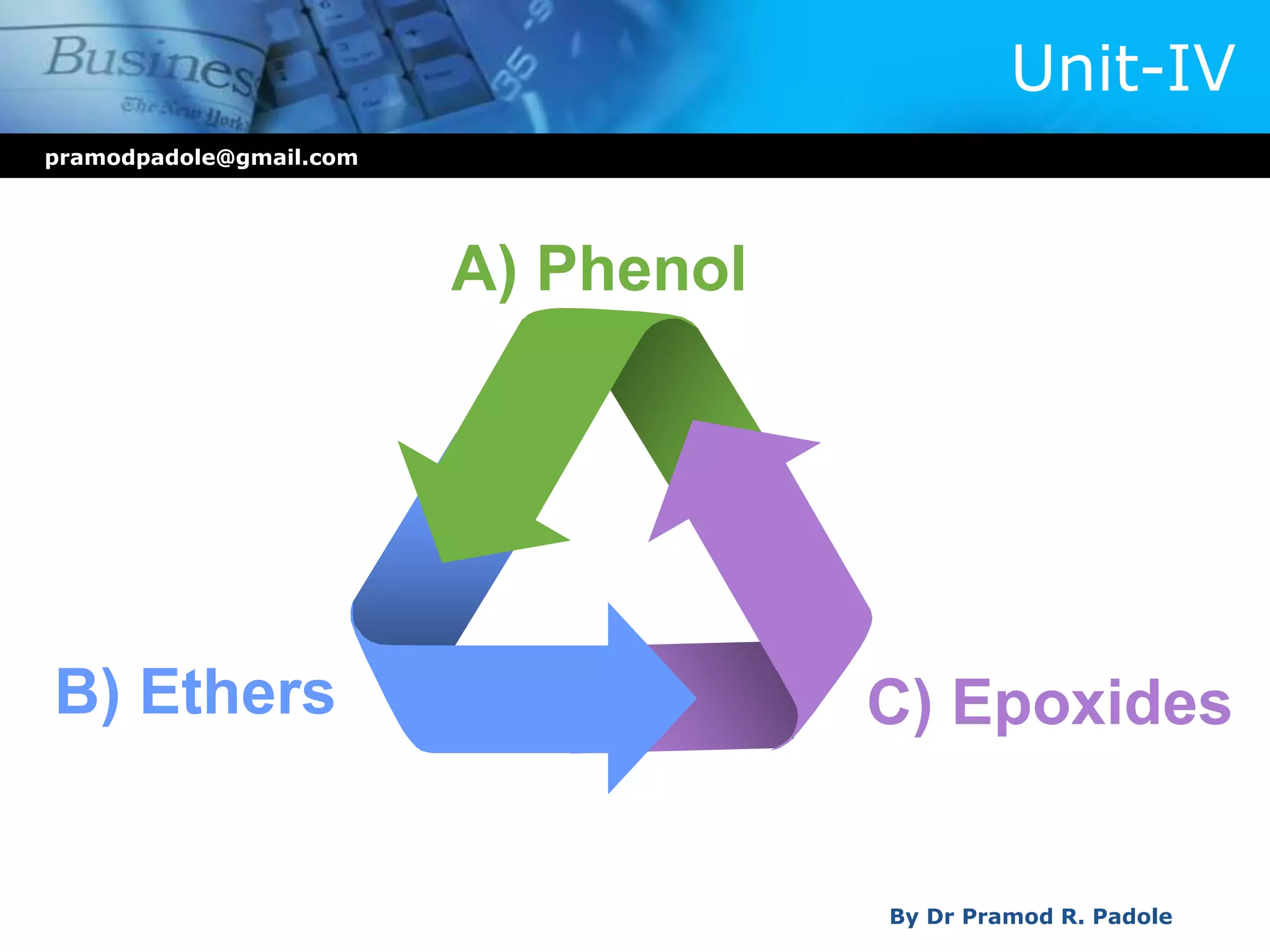 pramodpadole@gmail.com
By Dr Pramod R. Padole
Unit-IV
B) Ethers C) Epoxides
A) Phenol
 
