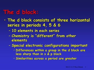 SS CI 11.5 The d block 1
The d block:
• The d block consists of three horizontal
series in periods 4, 5 & 6
– 10 elements in each series
– Chemistry is “different” from other
elements
– Special electronic configurations important
• Differences within a group in the d block are
less sharp than in s & p block
• Similarities across a period are greater
 