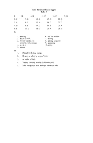 Kunci Jawaban Bahasa Inggris
Kelas V
I. 1. B 6. B 11. C 16. C 21. B
2. C 7. D 12. B 17. D 22. D
3. A 8. C 13. A 18. C 23. C
4. D 9. B 14. C 19. B 24. A
5. B 10. C 15. C 20. A 25. B
II.
1. Dancing
2. Seven o’clock
3. Twenty minutes to
seven/six forty minutes
4. a-c-d-b
5. singing
6. no, she doesn’t
7. boxing
8. playing voleyball
9. gardening
10. cooks
III.
1. Philately/collecting stamps
2. He goes to school at seven o’clock
3. At twelve o’clock
4. Singing, camping, reading (kebijakan guru)
5. Arina mempunyai hobi. Hobinya membaca buku
 