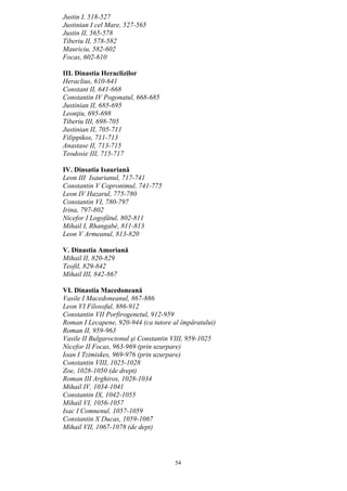 54
Justin I, 518-527
Justinian I cel Mare, 527-565
Justin II, 565-578
Tiberiu II, 578-582
Mauriciu, 582-602
Focas, 602-610
III. Dinastia Heraclizilor
Heraclius, 610-641
Constant II, 641-668
Constantin IV Pogonatul, 668-685
Justinian II, 685-695
Leonţiu, 695-698
Tiberiu III, 698-705
Justinian II, 705-711
Filippikos, 711-713
Anastase II, 713-715
Teodosie III, 715-717
IV. Dinsatia Isauriană
Leon III Isaurianul, 717-741
Constantin V Copronimul, 741-775
Leon IV Hazarul, 775-780
Constantin VI, 780-797
Irina, 797-802
Nicefor I Logofătul, 802-811
Mihail I, Rhangabé, 811-813
Leon V Armeanul, 813-820
V. Dinastia Amoriană
Mihail II, 820-829
Teofil, 829-842
Mihail III, 842-867
VI. Dinastia Macedoneană
Vasile I Macedoneanul, 867-886
Leon VI Filosoful, 886-912
Constantin VII Porfirogenetul, 912-959
Roman I Lecapene, 920-944 (ca tutore al împăratului)
Roman II, 959-963
Vasile II Bulgaroctonul şi Constantin VIII, 959-1025
Nicefor II Focas, 963-969 (prin uzurpare)
Ioan I Tzimiskes, 969-976 (prin uzurpare)
Constantin VIII, 1025-1028
Zoe, 1028-1050 (de drept)
Roman III Arghiros, 1028-1034
Mihail IV, 1034-1041
Constantin IX, 1042-1055
Mihail VI, 1056-1057
Isac I Comnenul, 1057-1059
Constantin X Ducas, 1059-1067
Mihail VII, 1067-1078 (de dept)
 