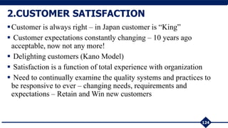 Customer is always right – in Japan customer is “King”
 Customer expectations constantly changing – 10 years ago
acceptable, now not any more!
 Delighting customers (Kano Model)
 Satisfaction is a function of total experience with organization
 Need to continually examine the quality systems and practices to
be responsive to ever – changing needs, requirements and
expectations – Retain and Win new customers
124
2.CUSTOMER SATISFACTION
 