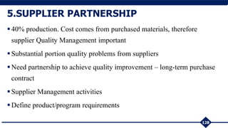 40% production. Cost comes from purchased materials, therefore
supplier Quality Management important
Substantial portion quality problems from suppliers
Need partnership to achieve quality improvement – long-term purchase
contract
Supplier Management activities
Define product/program requirements
128
5.SUPPLIER PARTNERSHIP
 