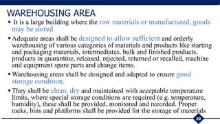  It is a large building where the raw materials or manufactured, goods
may be stored
Adequate areas shall be designed to allow sufficient and orderly
warehousing of various categories of materials and products like starting
and packaging materials, intermediates, bulk and finished products,
products in quarantine, released, rejected, returned or recalled, machine
and equipment spare parts and change items.
Warehousing areas shall be designed and adapted to ensure good
storage condition.
They shall be clean, dry and maintained with acceptable temperature
limits, where special storage conditions are required (e.g. temperature,
humidity), these shall be provided, monitored and recorded. Proper
racks, bins and platforms shall be provided for the storage of materials
20
WAREHOUSING AREA
 