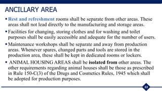Rest and refreshment rooms shall be separate from other areas. These
areas shall not lead directly to the manufacturing and storage areas.
Facilities for changing, storing clothes and for washing and toilet
purposes shall be easily accessible and adequate for the number of users.
Maintenance workshops shall be separate and away from production
areas. Whenever spares, changed parts and tools are stored in the
production area, these shall be kept in dedicated rooms or lockers.
 ANIMAL HOUSING AREAS shall be isolated from other areas. The
other requirements regarding animal houses shall be those as prescribed
in Rule 150-C(3) of the Drugs and Cosmetics Rules, 1945 which shall
be adopted for production purposes.
22
ANCILLARY AREA
 