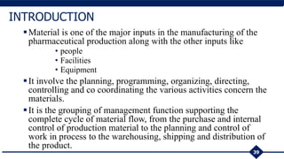 39
INTRODUCTION
Material is one of the major inputs in the manufacturing of the
pharmaceutical production along with the other inputs like
• people
• Facilities
• Equipment
It involve the planning, programming, organizing, directing,
controlling and co coordinating the various activities concern the
materials.
It is the grouping of management function supporting the
complete cycle of material flow, from the purchase and internal
control of production material to the planning and control of
work in process to the warehousing, shipping and distribution of
the product.
 