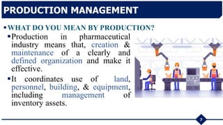WHAT DO YOU MEAN BY PRODUCTION?
7
PRODUCTION MANAGEMENT
Production in pharmaceutical
industry means that, creation &
maintenance of a clearly and
defined organization and make it
effective.
It coordinates use of land,
personnel, building, & equipment,
including management of
inventory assets.
 