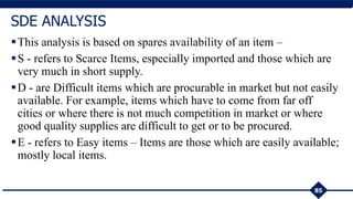 This analysis is based on spares availability of an item –
S - refers to Scarce Items, especially imported and those which are
very much in short supply.
D - are Difficult items which are procurable in market but not easily
available. For example, items which have to come from far off
cities or where there is not much competition in market or where
good quality supplies are difficult to get or to be procured.
E - refers to Easy items – Items are those which are easily available;
mostly local items.
85
SDE ANALYSIS
 