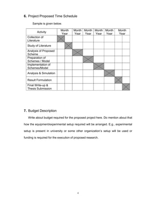 4
6. Project Proposed Time Schedule
Sample is given below.
Activity
Month
Year
Month
Year
Month
Year
Month
Year
Month
Year
Month
Year
Collection of
Literature
Study of Literature
Analysis of Proposed
Scheme
Preparation of
Schemes / Model
Implementation of
Schemes/Model
Analysis & Simulation
Result Formulation
Final Write-up &
Thesis Submission
7. Budget Description
Write about budget required for the proposed project here. Do mention about that
how the equipment/experimental setup required will be arranged. E.g., experimental
setup is present in university or some other organization’s setup will be used or
funding is required for the execution of proposed research.
 