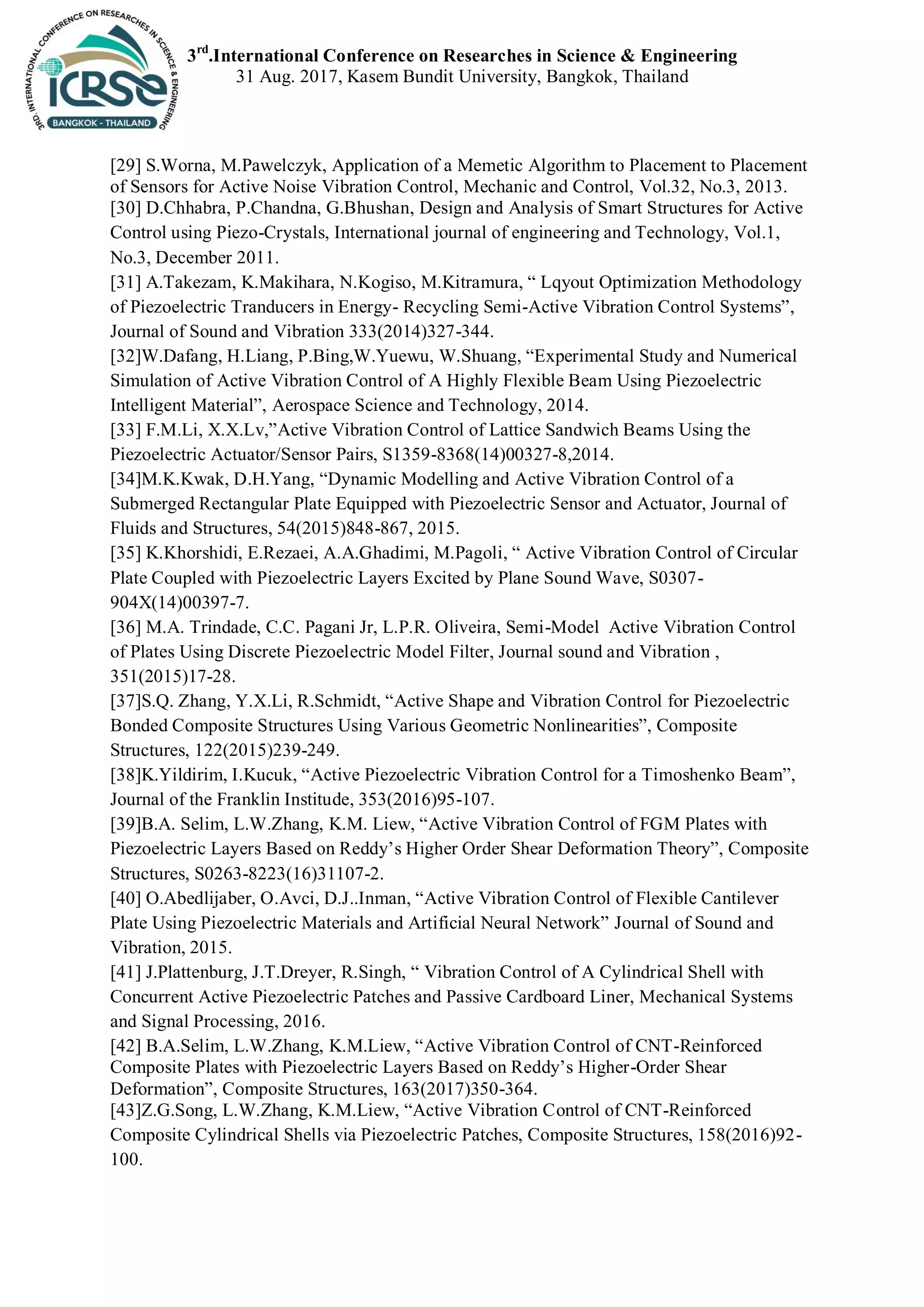3rd
.International Conference on Researches in Science & Engineering
31 Aug. 2017, Kasem Bundit University, Bangkok, Thailand
[29] S.Worna, M.Pawelczyk, Application of a Memetic Algorithm to Placement to Placement
of Sensors for Active Noise Vibration Control, Mechanic and Control, Vol.32, No.3, 2013.
[30] D.Chhabra, P.Chandna, G.Bhushan, Design and Analysis of Smart Structures for Active
Control using Piezo-Crystals, International journal of engineering and Technology, Vol.1,
No.3, December 2011.
[31] A.Takezam, K.Makihara, N.Kogiso, M.Kitramura, “ Lqyout Optimization Methodology
of Piezoelectric Tranducers in Energy- Recycling Semi-Active Vibration Control Systems”,
Journal of Sound and Vibration 333(2014)327-344.
[32]W.Dafang, H.Liang, P.Bing,W.Yuewu, W.Shuang, “Experimental Study and Numerical
Simulation of Active Vibration Control of A Highly Flexible Beam Using Piezoelectric
Intelligent Material”, Aerospace Science and Technology, 2014.
[33] F.M.Li, X.X.Lv,”Active Vibration Control of Lattice Sandwich Beams Using the
Piezoelectric Actuator/Sensor Pairs, S1359-8368(14)00327-8,2014.
[34]M.K.Kwak, D.H.Yang, “Dynamic Modelling and Active Vibration Control of a
Submerged Rectangular Plate Equipped with Piezoelectric Sensor and Actuator, Journal of
Fluids and Structures, 54(2015)848-867, 2015.
[35] K.Khorshidi, E.Rezaei, A.A.Ghadimi, M.Pagoli, “ Active Vibration Control of Circular
Plate Coupled with Piezoelectric Layers Excited by Plane Sound Wave, S0307-
904X(14)00397-7.
[36] M.A. Trindade, C.C. Pagani Jr, L.P.R. Oliveira, Semi-Model Active Vibration Control
of Plates Using Discrete Piezoelectric Model Filter, Journal sound and Vibration ,
351(2015)17-28.
[37]S.Q. Zhang, Y.X.Li, R.Schmidt, “Active Shape and Vibration Control for Piezoelectric
Bonded Composite Structures Using Various Geometric Nonlinearities”, Composite
Structures, 122(2015)239-249.
[38]K.Yildirim, I.Kucuk, “Active Piezoelectric Vibration Control for a Timoshenko Beam”,
Journal of the Franklin Institude, 353(2016)95-107.
[39]B.A. Selim, L.W.Zhang, K.M. Liew, “Active Vibration Control of FGM Plates with
Piezoelectric Layers Based on Reddy’s Higher Order Shear Deformation Theory”, Composite
Structures, S0263-8223(16)31107-2.
[40] O.Abedlijaber, O.Avci, D.J..Inman, “Active Vibration Control of Flexible Cantilever
Plate Using Piezoelectric Materials and Artificial Neural Network” Journal of Sound and
Vibration, 2015.
[41] J.Plattenburg, J.T.Dreyer, R.Singh, “ Vibration Control of A Cylindrical Shell with
Concurrent Active Piezoelectric Patches and Passive Cardboard Liner, Mechanical Systems
and Signal Processing, 2016.
[42] B.A.Selim, L.W.Zhang, K.M.Liew, “Active Vibration Control of CNT-Reinforced
Composite Plates with Piezoelectric Layers Based on Reddy’s Higher-Order Shear
Deformation”, Composite Structures, 163(2017)350-364.
[43]Z.G.Song, L.W.Zhang, K.M.Liew, “Active Vibration Control of CNT-Reinforced
Composite Cylindrical Shells via Piezoelectric Patches, Composite Structures, 158(2016)92-
100.
 