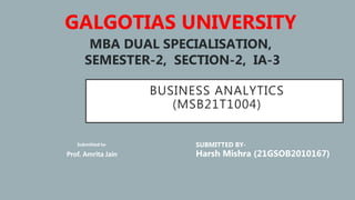 BUSINESS ANALYTICS
(MSB21T1004)
Submitted to-
Prof. Amrita Jain
GALGOTIAS UNIVERSITY
MBA DUAL SPECIALISATION,
SEMESTER-2, SECTION-2, IA-3
SUBMITTED BY-
Harsh Mishra (21GSOB2010167)
 