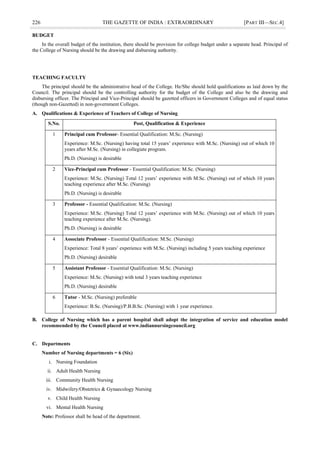 226 THE GAZETTE OF INDIA : EXTRAORDINARY [PART III—SEC.4]
BUDGET
In the overall budget of the institution, there should be provision for college budget under a separate head. Principal of
the College of Nursing should be the drawing and disbursing authority.
TEACHING FACULTY
The principal should be the administrative head of the College. He/She should hold qualifications as laid down by the
Council. The principal should be the controlling authority for the budget of the College and also be the drawing and
disbursing officer. The Principal and Vice-Principal should be gazetted officers in Government Colleges and of equal status
(though non-Gazetted) in non-government Colleges.
A. Qualifications & Experience of Teachers of College of Nursing
S.No. Post, Qualification & Experience
1 Principal cum Professor- Essential Qualification: M.Sc. (Nursing)
Experience: M.Sc. (Nursing) having total 15 years‘ experience with M.Sc. (Nursing) out of which 10
years after M.Sc. (Nursing) in collegiate program.
Ph.D. (Nursing) is desirable
2 Vice-Principal cum Professor - Essential Qualification: M.Sc. (Nursing)
Experience: M.Sc. (Nursing) Total 12 years‘ experience with M.Sc. (Nursing) out of which 10 years
teaching experience after M.Sc. (Nursing)
Ph.D. (Nursing) is desirable
3 Professor - Essential Qualification: M.Sc. (Nursing)
Experience: M.Sc. (Nursing) Total 12 years‘ experience with M.Sc. (Nursing) out of which 10 years
teaching experience after M.Sc. (Nursing).
Ph.D. (Nursing) is desirable
4 Associate Professor - Essential Qualification: M.Sc. (Nursing)
Experience: Total 8 years‘ experience with M.Sc. (Nursing) including 5 years teaching experience
Ph.D. (Nursing) desirable
5 Assistant Professor - Essential Qualification: M.Sc. (Nursing)
Experience: M.Sc. (Nursing) with total 3 years teaching experience
Ph.D. (Nursing) desirable
6 Tutor - M.Sc. (Nursing) preferable
Experience: B.Sc. (Nursing)/P.B.B.Sc. (Nursing) with 1 year experience.
B. College of Nursing which has a parent hospital shall adopt the integration of service and education model
recommended by the Council placed at www.indiannursingcouncil.org
C. Departments
Number of Nursing departments = 6 (Six)
i. Nursing Foundation
ii. Adult Health Nursing
iii. Community Health Nursing
iv. Midwifery/Obstetrics & Gynaecology Nursing
v. Child Health Nursing
vi. Mental Health Nursing
Note: Professor shall be head of the department.
 
