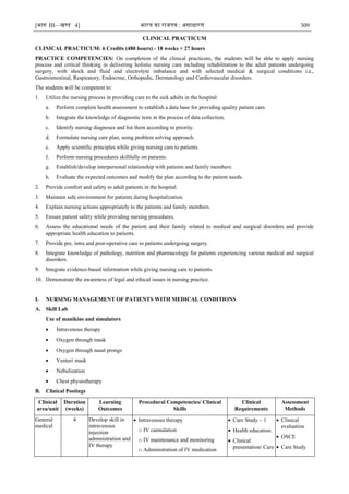 [भाग III—खण्‍
ड 4] भारत‍का‍राजपत्र‍:‍असाधारण 309
CLINICAL PRACTICUM
CLINICAL PRACTICUM: 6 Credits (480 hours) - 18 weeks × 27 hours
PRACTICE COMPETENCIES: On completion of the clinical practicum, the students will be able to apply nursing
process and critical thinking in delivering holistic nursing care including rehabilitation to the adult patients undergoing
surgery, with shock and fluid and electrolyte imbalance and with selected medical & surgical conditions i.e.,
Gastrointestinal, Respiratory, Endocrine, Orthopedic, Dermatology and Cardiovascular disorders.
The students will be competent to:
1. Utilize the nursing process in providing care to the sick adults in the hospital:
a. Perform complete health assessment to establish a data base for providing quality patient care.
b. Integrate the knowledge of diagnostic tests in the process of data collection.
c. Identify nursing diagnoses and list them according to priority.
d. Formulate nursing care plan, using problem solving approach.
e. Apply scientific principles while giving nursing care to patients.
f. Perform nursing procedures skillfully on patients.
g. Establish/develop interpersonal relationship with patients and family members.
h. Evaluate the expected outcomes and modify the plan according to the patient needs.
2. Provide comfort and safety to adult patients in the hospital.
3. Maintain safe environment for patients during hospitalization.
4. Explain nursing actions appropriately to the patients and family members.
5. Ensure patient safety while providing nursing procedures.
6. Assess the educational needs of the patient and their family related to medical and surgical disorders and provide
appropriate health education to patients.
7. Provide pre, intra and post-operative care to patients undergoing surgery.
8. Integrate knowledge of pathology, nutrition and pharmacology for patients experiencing various medical and surgical
disorders.
9. Integrate evidence-based information while giving nursing care to patients.
10. Demonstrate the awareness of legal and ethical issues in nursing practice.
I. NURSING MANAGEMENT OF PATIENTS WITH MEDICAL CONDITIONS
A. Skill Lab
Use of manikins and simulators
 Intravenous therapy
 Oxygen through mask
 Oxygen through nasal prongs
 Venturi mask
 Nebulization
 Chest physiotherapy
B. Clinical Postings
Clinical
area/unit
Duration
(weeks)
Learning
Outcomes
Procedural Competencies/ Clinical
Skills
Clinical
Requirements
Assessment
Methods
General
medical
4 Develop skill in
intravenous
injection
administration and
IV therapy
 Intravenous therapy
o IV cannulation
o IV maintenance and monitoring
o Administration of IV medication
 Care Study – 1
 Health education
 Clinical
presentation/ Care
 Clinical
evaluation
 OSCE
 Care Study
 