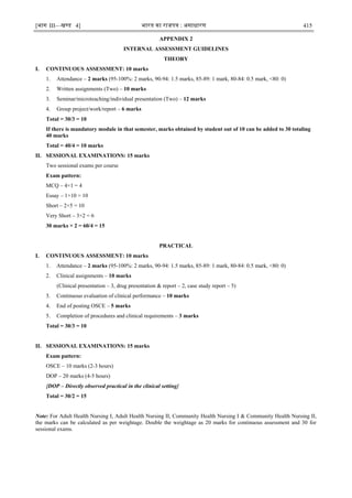 [भाग III—खण्‍
ड 4] भारत‍का‍राजपत्र‍:‍असाधारण 415
APPENDIX 2
INTERNAL ASSESSMENT GUIDELINES
THEORY
I. CONTINUOUS ASSESSMENT: 10 marks
1. Attendance – 2 marks (95-100%: 2 marks, 90-94: 1.5 marks, 85-89: 1 mark, 80-84: 0.5 mark, <80: 0)
2. Written assignments (Two) – 10 marks
3. Seminar/microteaching/individual presentation (Two) – 12 marks
4. Group project/work/report – 6 marks
Total = 30/3 = 10
If there is mandatory module in that semester, marks obtained by student out of 10 can be added to 30 totaling
40 marks
Total = 40/4 = 10 marks
II. SESSIONAL EXAMINATIONS: 15 marks
Two sessional exams per course
Exam pattern:
MCQ – 4×1 = 4
Essay – 1×10 = 10
Short – 2×5 = 10
Very Short – 3×2 = 6
30 marks × 2 = 60/4 = 15
PRACTICAL
I. CONTINUOUS ASSESSMENT: 10 marks
1. Attendance – 2 marks (95-100%: 2 marks, 90-94: 1.5 marks, 85-89: 1 mark, 80-84: 0.5 mark, <80: 0)
2. Clinical assignments – 10 marks
(Clinical presentation – 3, drug presentation & report – 2, case study report – 5)
3. Continuous evaluation of clinical performance – 10 marks
4. End of posting OSCE – 5 marks
5. Completion of procedures and clinical requirements – 3 marks
Total = 30/3 = 10
II. SESSIONAL EXAMINATIONS: 15 marks
Exam pattern:
OSCE – 10 marks (2-3 hours)
DOP – 20 marks (4-5 hours)
{DOP – Directly observed practical in the clinical setting}
Total = 30/2 = 15
Note: For Adult Health Nursing I, Adult Health Nursing II, Community Health Nursing I & Community Health Nursing II,
the marks can be calculated as per weightage. Double the weightage as 20 marks for continuous assessment and 30 for
sessional exams.
 