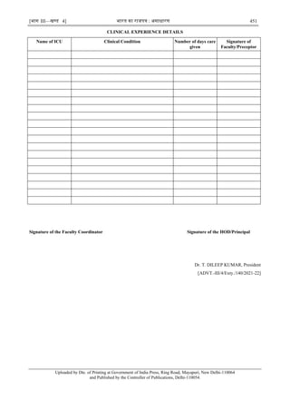 [भाग III—खण्‍
ड 4] भारत‍का‍राजपत्र‍:‍असाधारण 451
CLINICAL EXPERIENCE DETAILS
Signature of the Faculty Coordinator Signature of the HOD/Principal
Dr. T. DILEEP KUMAR, President
[ADVT.-III/4/Exty./140/2021-22]
Uploaded by Dte. of Printing at Government of India Press, Ring Road, Mayapuri, New Delhi-110064
and Published by the Controller of Publications, Delhi-110054.
Name of ICU Clinical Condition Number of days care
given
Signature of
Faculty/Preceptor
ALOK KUMAR Digitally signed by ALOK KUMAR
Date: 2021.07.06 20:24:26 +05'30'
 
