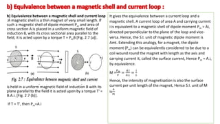 b) Equivalence between a magnetic shell and current loop
:A magnetic shell is a thin magnet of very small length. If
such a magnetic shell of dipole moment Pm and area of
cross section A is placed in a uniform magnetic field of
induction B, with its cross sectional area parallel to the
field, it is acted upon by a torque T = PmB [Fig. 2.7 (a)].
When a conducting loop of area A is carrying current i and
is held in a uniform magnetic field of induction B with its
plane parallel to the field it is acted upon by a torque T' =
B.A.i. [Fig. 2.7 (b)].
If T = T', then Pm=A.i
.
It gives the equivalence between a current loop and a
magnetic shell. A current loop of area A and carrying current
i is equivalent to a magnetic shell of dipole moment Pm = Ai,
directed perpendicular to the plane of the loop and vice-
versa. Hence, the S.I. unit of magnetic dipole moment is
Amt. Extending this analogy, for a magnet, the dipole
moment (Pm) can be equivalently considered to be due to a
coil wound round the magnet with length as the axis and
carrying current it, called the surface current, Hence Pm = A.i,
by equivalence.
M =
𝑃𝑚
𝑉
=
𝐴.𝑖
𝐴.𝐿
=
𝑖
𝐿
Hence, the intensity of magnetisation is also the surface
current per unit length of the magnet, Hence S.I. unit of M
is
𝐴
𝑚
 