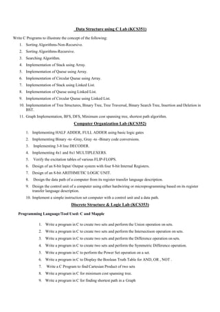 Data Structure using C Lab (KCS351)
Write C Programs to illustrate the concept of the following:
1. Sorting Algorithms-Non-Recursive.
2. Sorting Algorithms-Recursive.
3. Searching Algorithm.
4. Implementation of Stack using Array.
5. Implementation of Queue using Array.
6. Implementation of Circular Queue using Array.
7. Implementation of Stack using Linked List.
8. Implementation of Queue using Linked List.
9. Implementation of Circular Queue using Linked List.
10. Implementation of Tree Structures, Binary Tree, Tree Traversal, Binary Search Tree, Insertion and Deletion in
BST.
11. Graph Implementation, BFS, DFS, Minimum cost spanning tree, shortest path algorithm.
Computer Organization Lab (KCS352)
1. Implementing HALF ADDER, FULL ADDER using basic logic gates
2. Implementing Binary -to -Gray, Gray -to -Binary code conversions.
3. Implementing 3-8 line DECODER.
4. Implementing 4x1 and 8x1 MULTIPLEXERS.
5. Verify the excitation tables of various FLIP-FLOPS.
6. Design of an 8-bit Input/ Output system with four 8-bit Internal Registers.
7. Design of an 8-bit ARITHMETIC LOGIC UNIT.
8. Design the data path of a computer from its register transfer language description.
9. Design the control unit of a computer using either hardwiring or microprogramming based on its register
transfer language description.
10. Implement a simple instruction set computer with a control unit and a data path.
Discrete Structure & Logic Lab (KCS353)
Programming Language/Tool Used: C and Mapple
1. Write a program in C to create two sets and perform the Union operation on sets.
2. Write a program in C to create two sets and perform the Intersectison operation on sets.
3. Write a program in C to create two sets and perform the Difference operation on sets.
4. Write a program in C to create two sets and perform the Symmetric Difference operation.
5. Write a program in C to perform the Power Set operation on a set.
6. Write a program in C to Display the Boolean Truth Table for AND, OR , NOT .
7. Write a C Program to find Cartesian Product of two sets
8. Write a program in C for minimum cost spanning tree.
9. Write a program in C for finding shortest path in a Graph
 