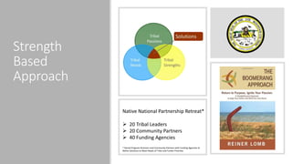 Strength
Based
Approach
Native National Partnership Retreat*
 20 Tribal Leaders
 20 Community Partners
 40 Funding Agencies
* Paired Program Directors and Community Partners with Funding Agencies to
Refine Solutions to Meet Needs of Tribe and Funder Priorities
 