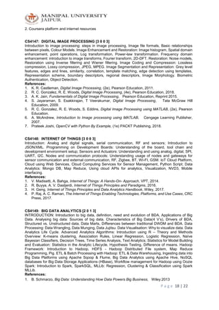 P a g e 18 | 22
2. Coursera platform and internet resources
CS4147: DIGITAL IMAGE PROCESSING [3 0 0 3]
Introduction to image processing: steps in image processing, Image file formats, Basic relationships
between pixels, Colour Models. Image Enhancement and Restoration: Image histogram, Spatial domain
enhancement, point operations, Log transformation, Power-law transformation. Frequency domain
enhancement: introduction to image transforms, Fourier transform, 2D-DFT. Restoration: Noise models,
Restoration using Inverse filtering and Wiener filtering. Image Coding and Compression: Lossless
compression, Lossy compression, JPEG, MPEG. Image Segmentation and Representation: Grey level
features, edges and lines, similarity, correlation, template matching, edge detection using templates,
Representation scheme, boundary descriptors, regional descriptors, Image Morphology. Biometric
Authentication, Object Detection.
References:
1. K. R. Castleman, Digital Image Processing, (2e), Pearson Education, 2011.
2. R. C. Gonzalez, R. E. Woods, Digital Image Processing, (4e), Pearson Education, 2018.
3. A. K. Jain, Fundamentals of Digital Image Processing, Pearson Education, Reprint 2015.
4. S. Jayaraman, S. Esakkirajan, T Veerakumar, Digital Image Processing, Tata McGraw Hill
Education, 2009.
5. R. C. Gonzalez, R. E. Woods, S. Eddins, Digital Image Processing using MATLAB, (2e), Pearson
Education.
6. A. McAndrew, Introduction to Image processing using MATLAB, Cengage Learning Publisher,
2007.
7. Prateek Joshi, OpenCV with Python By Example, (1e) PACKT Publishing, 2018.
CS4148: INTERNET OF THINGS [3 0 0 3]
Introduction: Analog and digital signals, serial communication, RF and sensors; Introduction to
JSON/XML. Programming on Development Boards: Understanding of the board, tool chain and
development environment setup; Sensors and Actuators: Understanding and using analog, digital, SPI,
UART, I2C. Nodes and communication protocols: Understanding usage of nodes and gateways for
sensor communication and external communication, RF, Zigbee, BT, WI-FI, GSM. IoT Cloud Platform,
Cloud using Web Services, Cloud Computing Services for Sensor Management, Python Script; Data
Analytics: Mongo DB, Map Reduce, Using cloud APIs for analytics, Visualization, NVD3, Mobile
interfacing.
References:
1. V. Madisetti, A. Bahga, Internet of Things: A Hands-On- Approach, VPT, 2014.
2. R. Buyya, A. V. Dastjerdi, Internet of Things Principles and Paradigms, 2016.
3. H. Geng, Internet of Things Principles and Data Analytics Handbook, Wiley, 2017.
4. P. Raj, A. C. Raman, The Internet of Things Enabling Technologies, Platforms, and Use Cases, CRC
Press, 2017.
CS4149: BIG DATA ANALYTICS [2 0 1 3]
INTRODUCTION: Introduction to big data, definition, need and evolution of BDA, Applications of Big
Data. Analysing big data: Sources of big data, Characteristics of Big Data(4 V’s), Drivers of BDA,
Structured vs. Unstructured data, Data Marts, Differences between traditional DWDM and BDA. Data
Processing: Data Wrangling, Data Munging, Data Jujitsu. Data Visualisation: Why to visualize data. Data
Analytics Life Cycle. Advanced Analytics Algorithms: Introduction using R – Theory and Methods
Overview: K-means clustering, Association Rules, Linear Regression, Logistic Regression, Naïve
Bayesian Classifiers, Decision Trees, Time Series Analysis, Text Analytics; Statistics for Model Building
and Evaluation: Statistics in the Analytic Lifecycle, Hypothesis Testing, Difference of means. Hadoop
Framework: Introduction to Hadoop, HDFS - Hadoop Distributed File system, Map Reduce
Programming, Pig. ETL & Batch Processing with Hadoop: ETL & Data Warehousing, Ingesting data into
Big Data Platforms using Apache Sqoop & Flume, Big Data Analytics using Apache Hive, NoSQL
databases for Big Data Storage Applications (HBase), Workflow management for Hadoop using Oozie
Spark: Introduction to Spark, SparkSQL, MLLib: Regression, Clustering & Classification using Spark
MLLib.
References:
1. B. Schmarzo, Big Data: Understanding How Data Powers Big Business, Wiley.2013
 