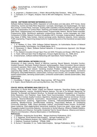 P a g e 19 | 22
2. A. Jorgensen, J. Rowland-Jones, J. Welch, Microsoft Big Data Solutions, Wiley.,2014
3. J. Thompson, S. P. Rogers, Analytics: How to Win with Intelligence, Technics, LLC Publications ,
2017
CS4150: SOFTWARE DEFINED NETWORKS [3 0 0 3]
Software Defined Networking (SDN): Separation of control plane and data plane, IETF forces, Active
networking. Control and Data Plane Separation: Concepts, Advantages and disadvantages, the Open
flow protocol. Control Plane: Overview, Existing SDN controllers including floodlight and open daylight
projects. Customization of Control Plane: Switching and firewall implementation using SDN concepts.
Data Plane: Software-based and Hardware-based, Programmable network, Mininet based examples.
Programming SDNs: Northbound application programming interface, current languages and tools,
Composition of SDNs. Network Functions Virtualization (NFV): Concepts, Implementation, Applications.
Use Cases of SDNs: Data Centers, Internet exchange points, Backbone networks, Home networks,
Traffic engineering. Programming Assignments for implementing some of the theoretical concepts listed
above.
References:
1. T. D. Nadeau, K. Gray, SDN: Software Defined Networks, An Authoritative Review of Network
Programmability Technologies, (1e) O'Reilly Media, 2013.
2. P. Goransson, C. Black, Software Defined Networks: A Comprehensive Approach, (2e) Morgan
Kaufmann, 2016.
3. F. Hu, Network Innovation through Open Flow and SDN: Principles and Design, CRC Press, 2014.
4. V. Tiwari, SDN and Open Flow for Beginners, Amazon Digital Services, Inc., ASIN, 2013.
5. S Subramanian, Software Defined Networking with OpenStack, Packt Publishing, 2016.
CS4151: DEEP NEURAL NETWORK [3 0 0 0]
Introduction of Deep Learning, Basics of Machine Learning, Neural Network, Activation function,
Gradient Descent, Stochastic Gradient Descent, backpropagation, Deep Convolution Neural network:
convolution operation, ReLU Layer, Pooling Layer, Flattening, fully connected layer, softmax and cross
entropy, Recurrent Neural network: Vanishing Gradient Problem, LSTMs, LSTM variations, Self-
organizing Map (SOM), K-means clustering, Boltzmann Machine, Energy-based Models, Contrastive
Divergence, Deep Belief Networks, autoencoders, training of auto encode, over complete hidden layers,
sparse autoencoders, denoising autoencoders, contractive autoencoders, stacked autoencoders, deep
autoencoders.
References:
1. I. Goodfellow, Y. Bengio , A. Courville, Deep Learning, MIT Press 2016.
2. S. Haykin, Neural Networks and Learning Machines, (3e), PHI, 2008.
CS4152: SOCIAL NETWORK ANALYSIS [2 0 1 3]
Introduction to Social Web: Nodes, Edges and Network measures, Describing Nodes and Edges,
Describing Networks, Layouts. Visualizing Network features: The role of Tie Strength, Measuring Tie
Strength, Tie Strength and Network Structure, Tie Strength and Network Propagation, Link Prediction,
Entity Resolution. Link Prediction: Case Study Friend recommendation. Communities: Introduction,
Communities in Context, Quality Functions. Algorithms: Clustering-based, Newman and Girvan- Divisive
clustering, Newman-Modularity maximization, Clauset-Greedy optimization of modularity, Louvain
Method-Hierarchical clustering, Agglomerative clustering, Falkowski(DENGRAPH)-Density-based
clustering, Nikolaev-Entropy centrality-based clustering, Clique-based Methods for Overlapping
Community Detection, Palla- Clique percolation method, Lancichinetti-Fitness function, Du-Kernels-
based clustering, Shen-Agglomerative hierarchical clustering, Evans-Line graph, clique graph, Label
Propagation-based Community Detection. Introduction to Social Influence: Influence Related Statistics,
Social Similarity and Influence, Homophile, Existential Test for Social Influence, Influence and Actions,
Influence and Interaction, Influence Maximization in Viral Marketing.
References:
1. J. Goldbeck, Analyzing the Social Web, Morgan Kaufmann Publications, 2013.
2. C. C. Aggarwal, Social Network Data Analytics, Springer Publications, 2011.
3. J. Scott, Social Network Analysis, (3e), SAGE Publications Limited, 2013.
4. J. Goldman, Facebook Cookbook, O'Reilly, 2009.
5. S. Kumar, F. Morstatter, H. Liu, Twitter Data Analytics, Springer Publications, 2013.
 