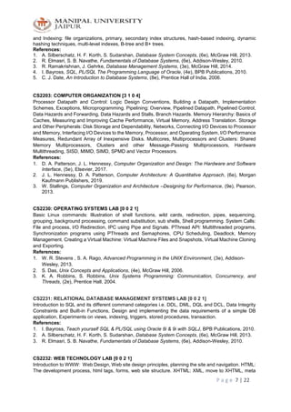 P a g e 7 | 22
and Indexing: file organizations, primary, secondary index structures, hash-based indexing, dynamic
hashing techniques, multi-level indexes, B-tree and B+ trees.
References:
1. A. Silberschatz, H. F. Korth, S. Sudarshan, Database System Concepts, (6e), McGraw Hill, 2013.
2. R. Elmasri, S. B. Navathe, Fundamentals of Database Systems, (6e), Addison-Wesley, 2010.
3. R. Ramakrishnan, J. Gehrke, Database Management Systems, (3e), McGraw Hill, 2014.
4. I. Bayross, SQL, PL/SQL The Programming Language of Oracle, (4e), BPB Publications, 2010.
5. C. J. Date, An Introduction to Database Systems, (8e), Prentice Hall of India, 2006.
CS2203: COMPUTER ORGANIZATION [3 1 0 4]
Processor Datapath and Control: Logic Design Conventions, Building a Datapath, Implementation
Schemes, Exceptions, Microprogramming. Pipelining: Overview, Pipelined Datapath, Pipelined Control,
Data Hazards and Forwarding, Data Hazards and Stalls, Branch Hazards. Memory Hierarchy: Basics of
Caches, Measuring and Improving Cache Performance, Virtual Memory, Address Translation. Storage
and Other Peripherals: Disk Storage and Dependability, Networks, Connecting I/O Devices to Processor
and Memory, Interfacing I/O Devices to the Memory, Processor, and Operating System, I/O Performance
Measures, Redundant Array of Inexpensive Disks. Multicores, Multiprocessors and Clusters: Shared
Memory Multiprocessors, Clusters and other Message-Passing Multiprocessors, Hardware
Multithreading, SISD, MIMD, SIMD, SPMD and Vector Processors.
References:
1. D. A. Patterson, J. L. Hennessy, Computer Organization and Design: The Hardware and Software
Interface, (5e), Elsevier, 2017.
2. J. L. Hennessy, D. A. Patterson, Computer Architecture: A Quantitative Approach, (6e), Morgan
Kaufmann Publishers, 2019.
3. W. Stallings, Computer Organization and Architecture –Designing for Performance, (9e), Pearson,
2013.
CS2230: OPERATING SYSTEMS LAB [0 0 2 1]
Basic Linux commands: Illustration of shell functions, wild cards, redirection, pipes, sequencing,
grouping, background processing, command substitution, sub shells, Shell programming. System Calls:
File and process, I/O Redirection, IPC using Pipe and Signals. PThread API: Multithreaded programs,
Synchronization programs using PThreads and Semaphores, CPU Scheduling, Deadlock, Memory
Management. Creating a Virtual Machine: Virtual Machine Files and Snapshots, Virtual Machine Cloning
and Exporting.
References:
1. W. R. Stevens , S. A. Rago, Advanced Programming in the UNIX Environment, (3e), Addison-
Wesley, 2013.
2. S. Das, Unix Concepts and Applications, (4e), McGraw Hill, 2006.
3. K. A. Robbins, S. Robbins, Unix Systems Programming: Communication, Concurrency, and
Threads, (2e), Prentice Hall, 2004.
CS2231: RELATIONAL DATABASE MANAGEMENT SYSTEMS LAB [0 0 2 1]
Introduction to SQL and its different command categories i.e. DDL, DML, DQL and DCL, Data Integrity
Constraints and Built-in Functions, Design and implementing the data requirements of a simple DB
application, Experiments on views, indexing, triggers, stored procedures, transaction.
References:
1. I. Bayross, Teach yourself SQL & PL/SQL using Oracle 8i & 9i with SQLJ, BPB Publications, 2010.
2. A. Silberschatz, H. F. Korth, S. Sudarshan, Database System Concepts, (6e), McGraw Hill, 2013.
3. R. Elmasri, S. B. Navathe, Fundamentals of Database Systems, (6e), Addison-Wesley, 2010.
CS2232: WEB TECHNOLOGY LAB [0 0 2 1]
Introduction to WWW: Web Design, Web site design principles, planning the site and navigation. HTML:
The development process, html tags, forms, web site structure. XHTML: XML, move to XHTML, meta
 