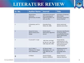 LITERATURE REVIEW
7/12/2023 4
Sr. No. Author Name Journal Title
1 Mayukh Bose,
Anshuman
Bhatacharjee, & Sudha
R.
International Journal of
Soft Computing and
Engineering (ISCE), Vol.
2(3), July 2012.
Calculation of Induction
Motor Model
Parameters Using Finite
Element Method
2 D. Novotony, and T.A.
Lipo
Clarendon Press,
Oxford, UK, 2000.
Vector control and
dynamics of ac drives
3 Hassan M. Emara,
Wesam Elshamy & A.
Bahgat
Particle Swarm
Optimization Algorithm.
Journal
Parameter Identification
of Induction Motor
Using Modified Particle
Swarm Optimization
Algorithm
4 R. Lyra and T. A. Lipo
IEEE Trans. Ind. Appl.
Vol. 38, no. 5, pp. 1351-
1360, Sept./Oct. 2002
Torque density
improvement in a six-
phase induction motor
with third harmonic
current injection
5 Levi, R. Bojoi, F.
Profumo, H. A. Toliyat
and S. Williamson
IET Electric Power
Applications, vol. 1, no.
4, pp. 489-516, July
2007.
Multiphaseinduction
motor drives - a
technology status
review
6 B. Robyns Journal of Power
Systems, DOI(2012)
Vector Control of
Induction Machines
 