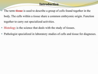 Introduction
 The term tissue is used to describe a group of cells found together in the
body. The cells within a tissue share a common embryonic origin. Function
together to carry out specialized activities.
 Histology is the science that deals with the study of tissues.
 Pathologist specialized in laboratory studies of cells and tissue for diagnoses.
 