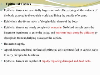 1. Epithelial Tissues
 Epithelial tissues are essentially large sheets of cells covering all the surfaces of
the body exposed to the outside world and lining the outside of organs.
 Epithelium also forms much of the glandular tissue of the body.
 Epithelial tissues are nearly completely avascular. No blood vessels cross the
basement membrane to enter the tissue, and nutrients must come by diffusion or
absorption from underlying tissues or the surface.
 Has nerve supply.
 Apical, lateral and basal surfaces of epithelial cells are modified in various ways
to carry out specific functions.
 Epithelial tissues are capable of rapidly replacing damaged and dead cells.
 