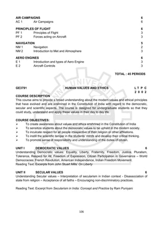 106
AIR CAMPAIGNS 6
AC 1 Air Campaigns 6
PRINCIPLES OF FLIGHT 6
PF 1 Principles of Flight 3
PF 2 Forces acting on Aircraft 3
NAVIGATION 5
NM 1 Navigation 2
NM 2 Introduction to Met and Atmosphere 3
AERO ENGINES 6
E 1 Introduction and types of Aero Engine 3
E 2 Aircraft Controls 3
TOTAL : 45 PERIODS
GE3791 HUMAN VALUES AND ETHICS L T P C
2 0 0 2
COURSE DESCRIPTION
This course aims to provide a broad understanding about the modern values and ethical principles
that have evolved and are enshrined in the Constitution of India with regard to the democratic,
secular and scientific aspects. The course is designed for undergraduate students so that they
could study, understand and apply these values in their day to day life.
COURSE OBJECTIVES:
 To create awareness about values and ethics enshrined in the Constitution of India
 To sensitize students about the democratic values to be upheld in the modern society.
 To inculcate respect for all people irrespective of their religion or other affiliations.
 To instill the scientific temper in the students’ minds and develop their critical thinking.
 To promote sense of responsibility and understanding of the duties of citizen.
UNIT I DEMOCRATIC VALUES 6
Understanding Democratic values: Equality, Liberty, Fraternity, Freedom, Justice, Pluralism,
Tolerance, Respect for All, Freedom of Expression, Citizen Participation in Governance – World
Democracies: French Revolution, American Independence, Indian Freedom Movement.
Reading Text: Excerpts from John Stuart Mills’ On Liberty
UNIT II SECULAR VALUES 6
Understanding Secular values – Interpretation of secularism in Indian context - Disassociation of
state from religion – Acceptance of all faiths – Encouraging non-discriminatory practices.
Reading Text: Excerpt from Secularism in India: Concept and Practice by Ram Puniyani
 